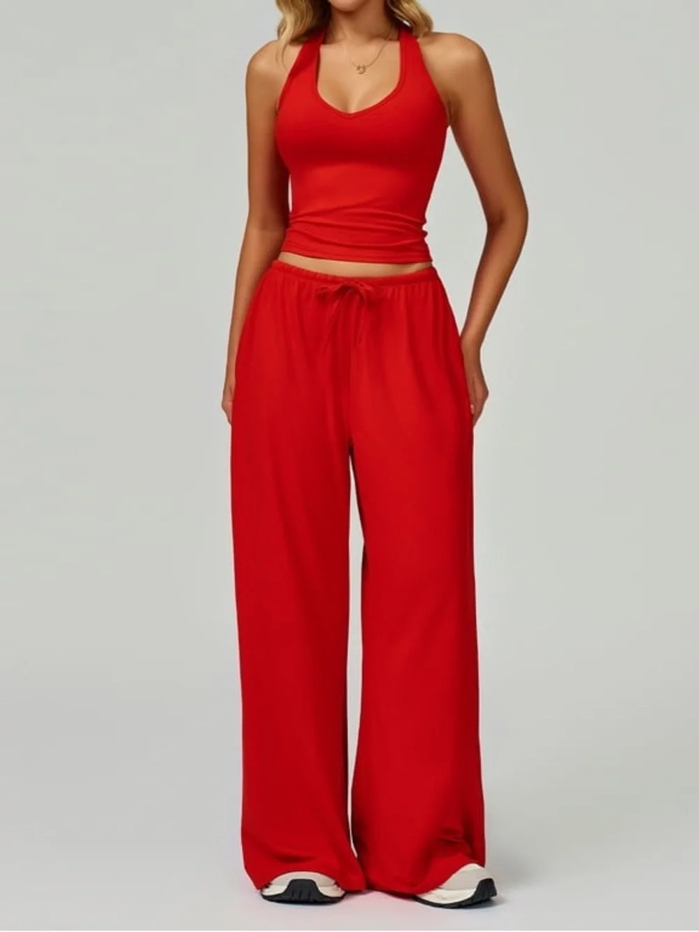 Amazon Women’s Red 2-Piece Athleisure Set Halter Top Wide Leg Pants Size Small